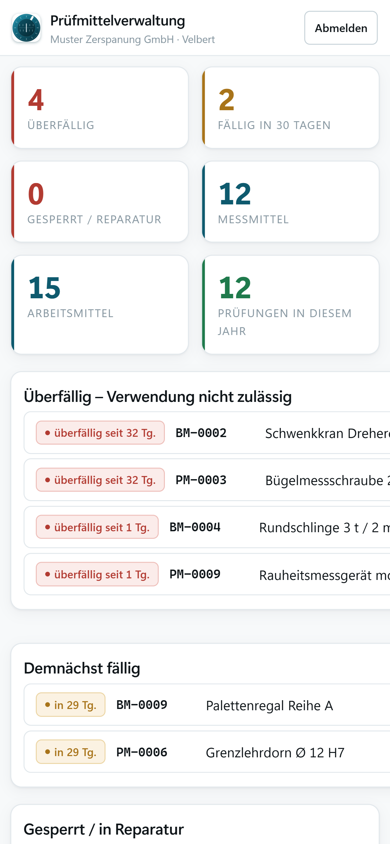 Kalibrat auf dem Telefon: Übersicht mit fälligen Prüfungen und Ampel